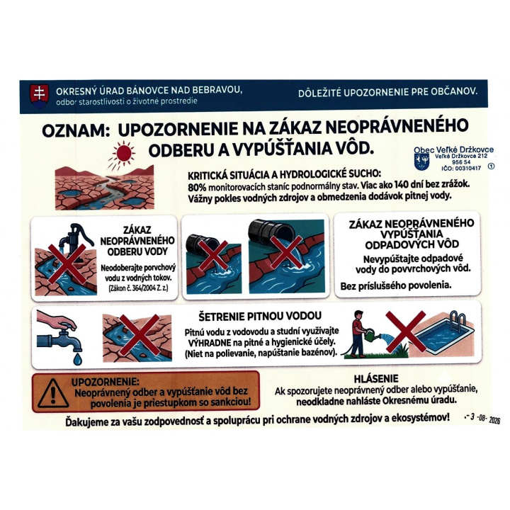 Upozornenie na zákaz neoprávneného odberu a vypúšťania vôd