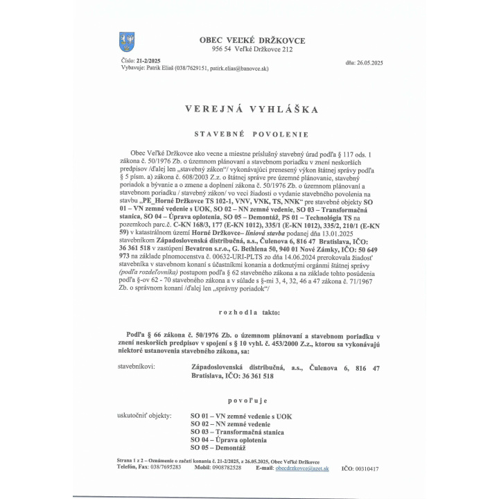 VEREJNÁ VYHLÁŠKA - STAVEBNÉ POVOLENIE 21-2/2025 - Transformačná stanica