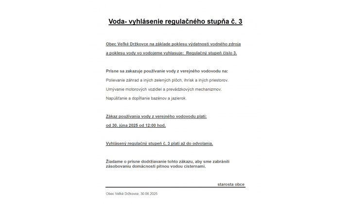 VODA - Vyhlásenie regulačného stupňa č. 3