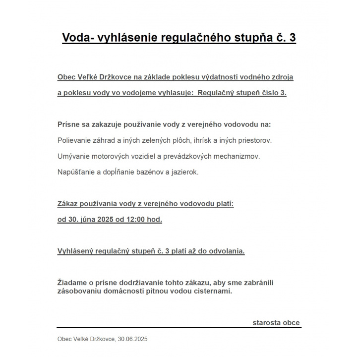VODA - Vyhlásenie regulačného stupňa č. 3