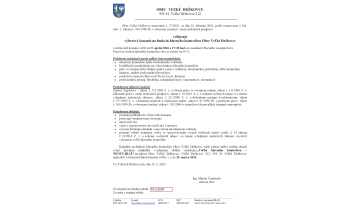 Výberové konanie na funkciu hlavného kontrolóra Obce Veľké Držkovce