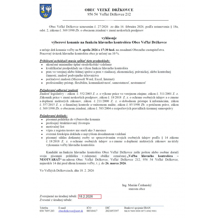 Výberové konanie na funkciu hlavného kontrolóra Obce Veľké Držkovce
