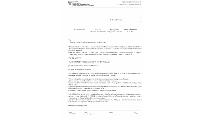 Výhlásenie času zvýšeného nebezpečensva vzniku požiaru