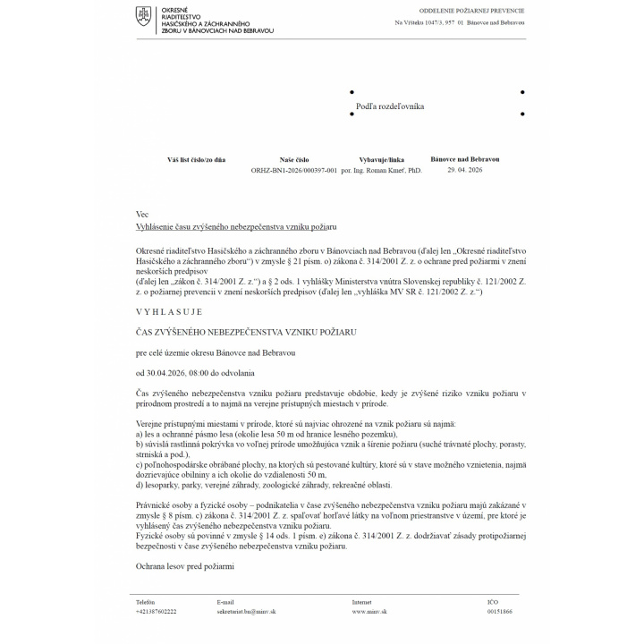 Výhlásenie času zvýšeného nebezpečensva vzniku požiaru