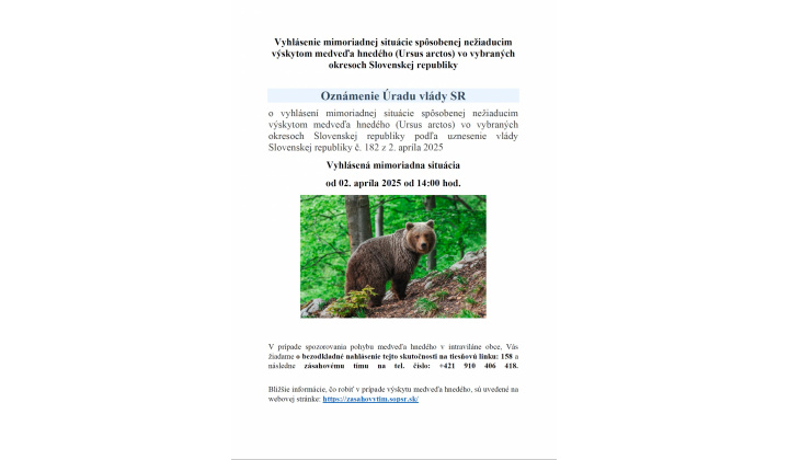 Vyhlásenie mimoriadnej situácie - medveď hnedý