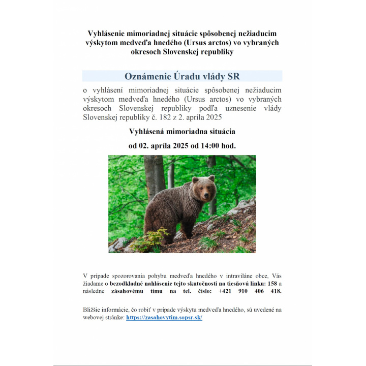 Vyhlásenie mimoriadnej situácie - medveď hnedý