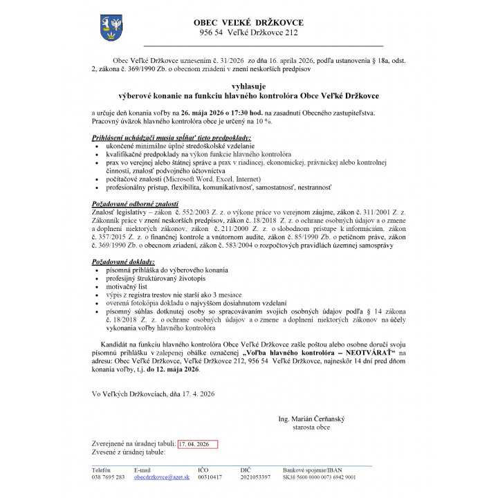 Vyhlásenie výberového konania na funkciu hlavného kontrolóra Obce Veľké Džkovce