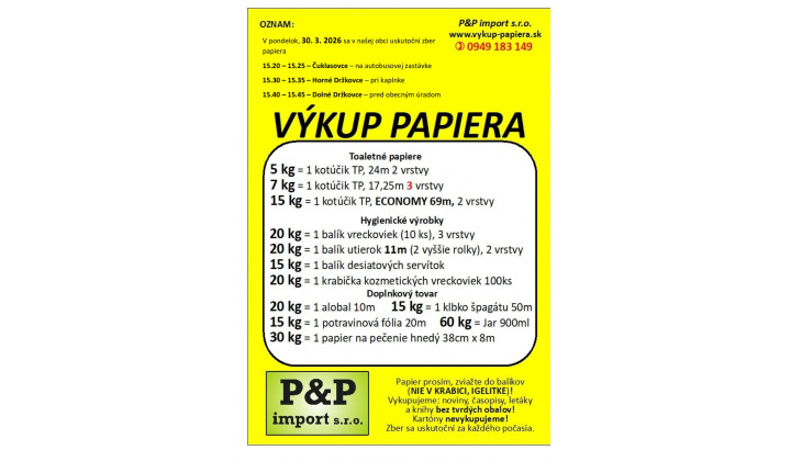 Výkup papiera v našej obci
