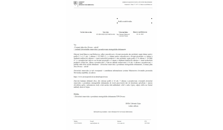 Výzva pre obyvateľov k oboznámeniu sa s návrhom ’’Územný plán obce Dvorec’’ - záverečné stanovisko