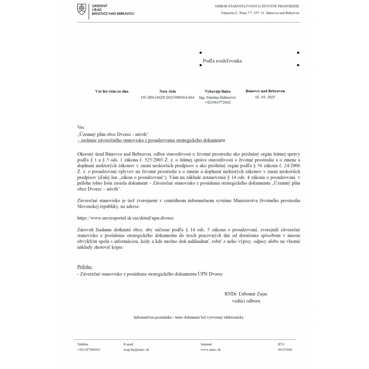 Výzva pre obyvateľov k oboznámeniu sa s návrhom ’’Územný plán obce Dvorec’’ - záverečné stanovisko