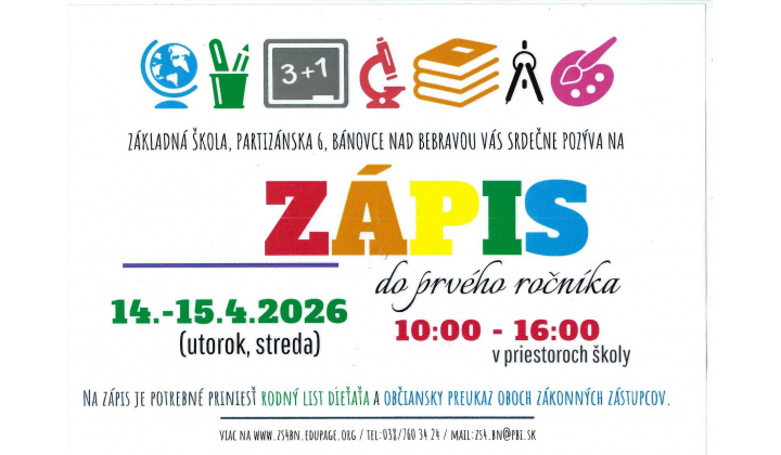 Zápis do prvého ročníka - ZŠ Partizánska, Bánovce n/B.